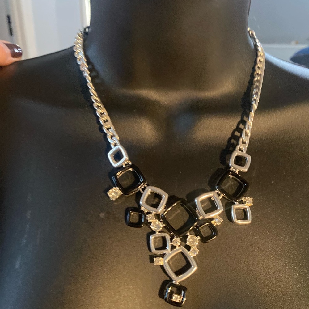 GVS Black and Silver Geometric Necklace with rhinestone detail very chic & glam